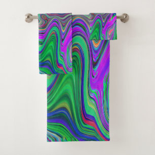 Trippy Lime Green and Purple Waves of Color Bath Towel Set