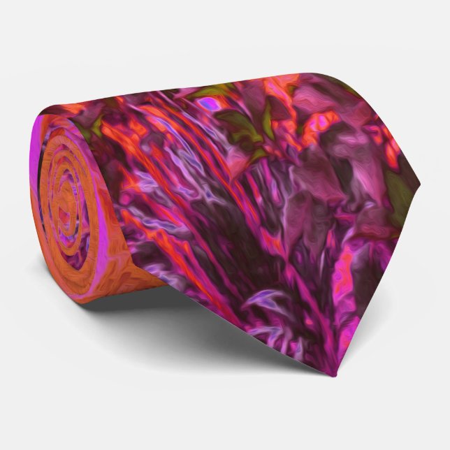 Trippy Magenta and Orange Impressionistic Garden Neck Tie (Rolled)