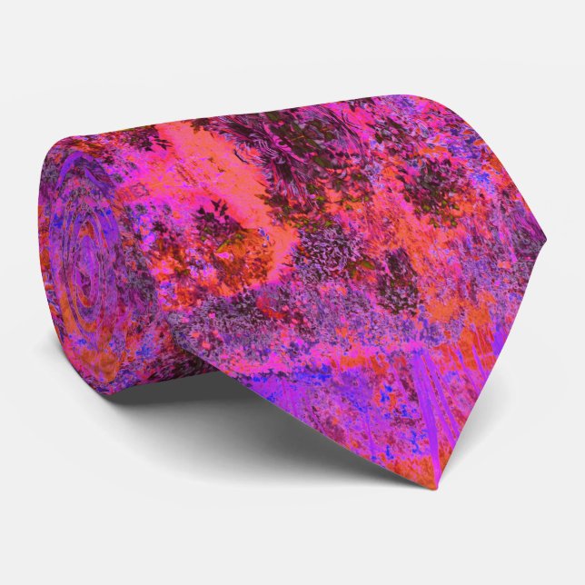 Trippy Magenta and Orange Impressionistic Garden Neck Tie (Rolled)