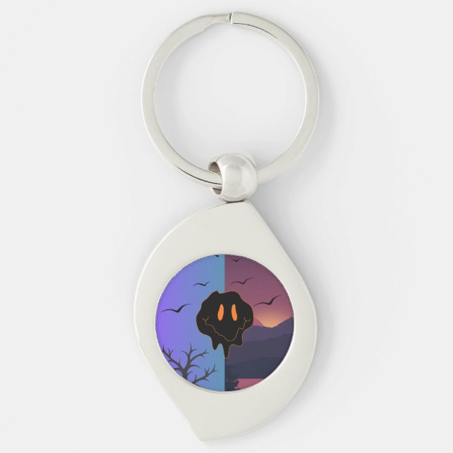 Trippy Melting Smile Face Day & Night Landscape Mo Keychain (Front)