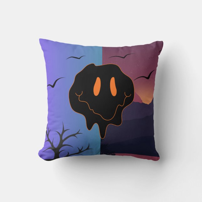 Trippy Melting Smile Face Day & Night Landscape Mo Throw Pillow (Front)