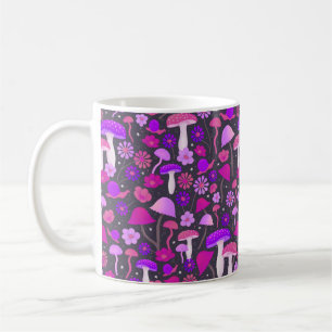 Trippy Mushrooms & Flowers Pink, Purple & Black Coffee Mug