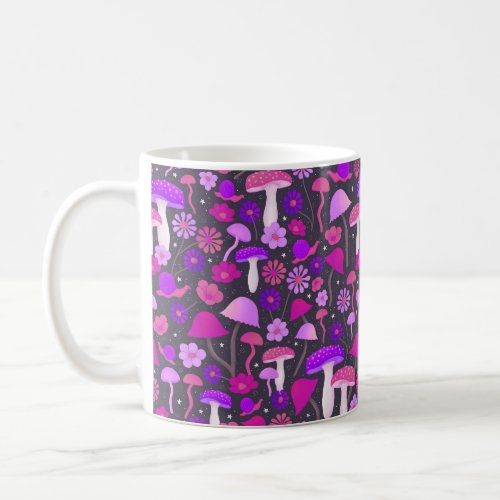 Trippy Mushrooms  Flowers Pink Purple  Black Coffee Mug