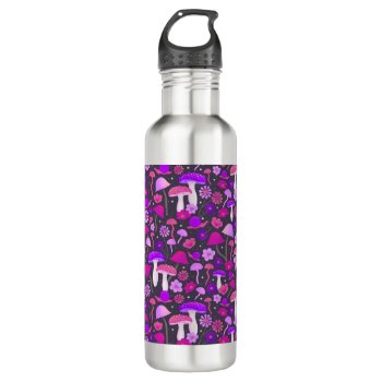 Trippy Mushrooms & Flowers Pink  Purple & Black Stainless Steel Water Bottle by dulceevents at Zazzle