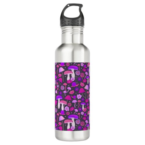 Trippy Mushrooms  Flowers Pink Purple  Black Stainless Steel Water Bottle