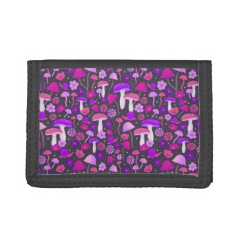 Trippy Mushrooms Retro Purple  Pink  & Black Trifold Wallet by dulceevents at Zazzle