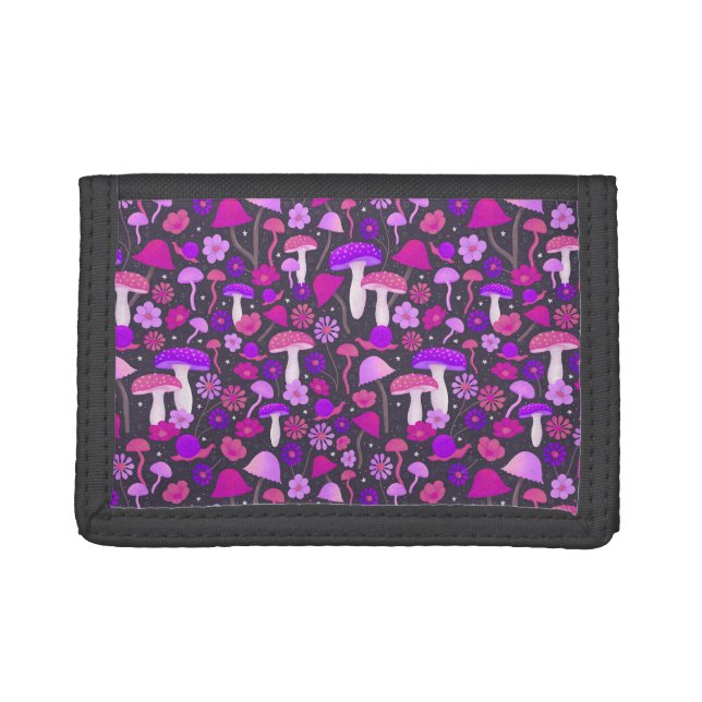 Trippy Mushrooms Retro Purple, Pink, & Black Trifold Wallet (Front)