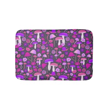 Trippy Mushrooms Vibrant Pink  Purple & Black Bath Mat by dulceevents at Zazzle