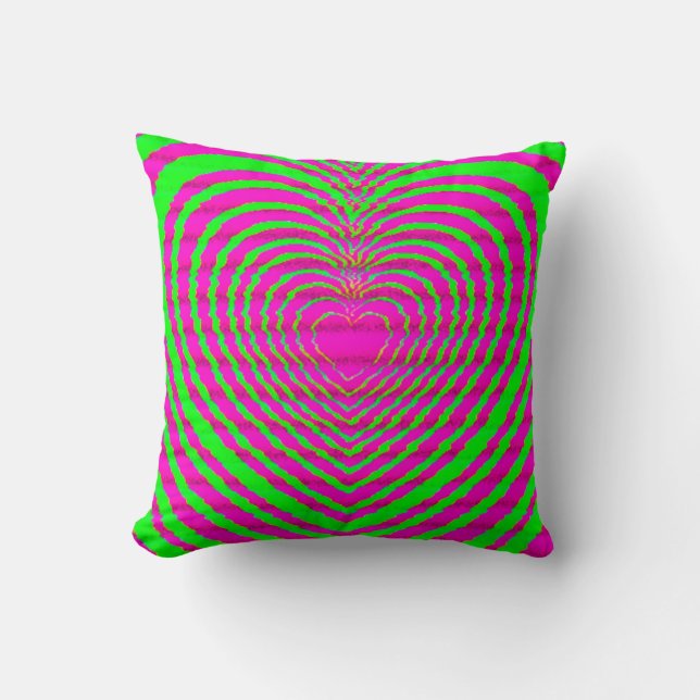 Trippy Neon Pink Green Hypnotic Heart Love Pattern Throw Pillow (Front)