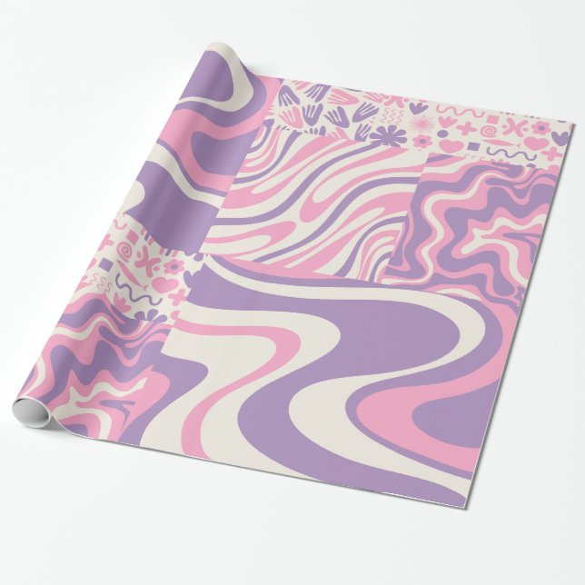 Trippy Patchwork Collage Retro Modern Pattern Pink Wrapping Paper (Unrolled)
