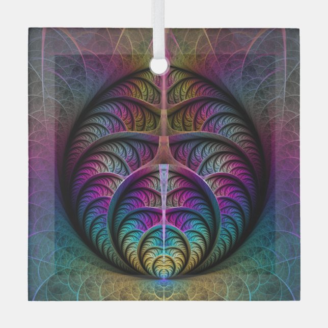Trippy Patterned Colorful Abstract Fractal Art Glass Ornament (Front)