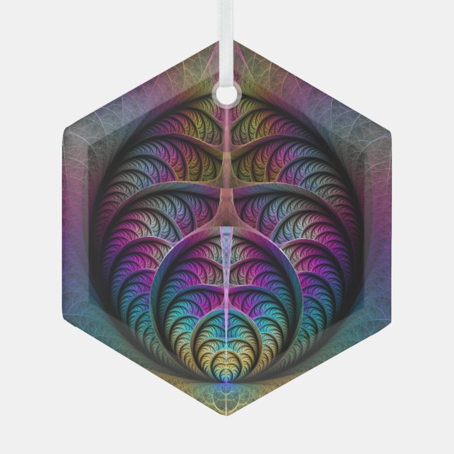 Trippy Patterned Colorful Abstract Fractal Art Glass Ornament (Front)