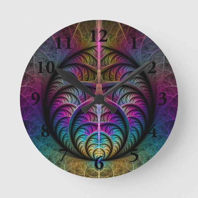 Trippy Patterned Colorful Abstract Fractal Art Round Clock (Front)