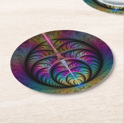 Trippy Patterned Colorful Abstract Fractal Art Round Paper Coaster