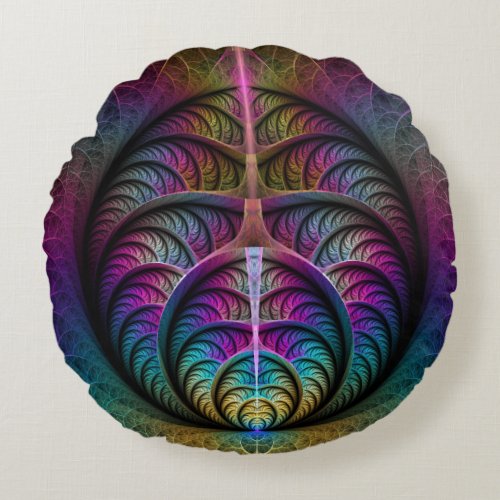 Trippy Patterned Colorful Abstract Fractal Art Round Pillow