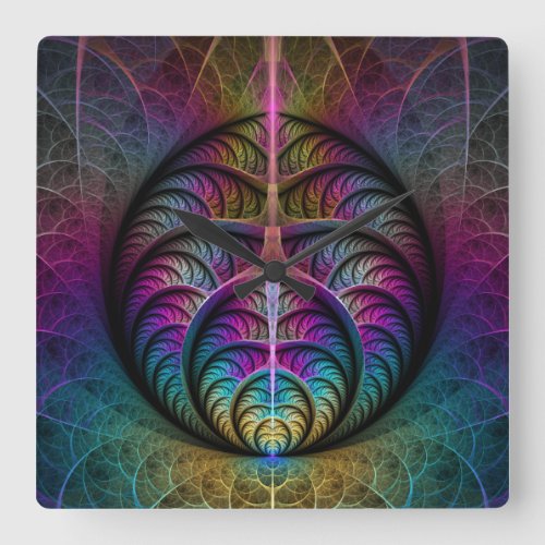 Trippy Patterned Colorful Abstract Fractal Art Square Wall Clock