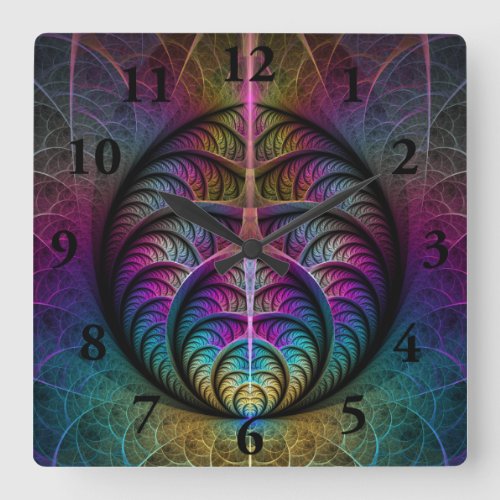 Trippy Patterned Colorful Abstract Fractal Art Square Wall Clock