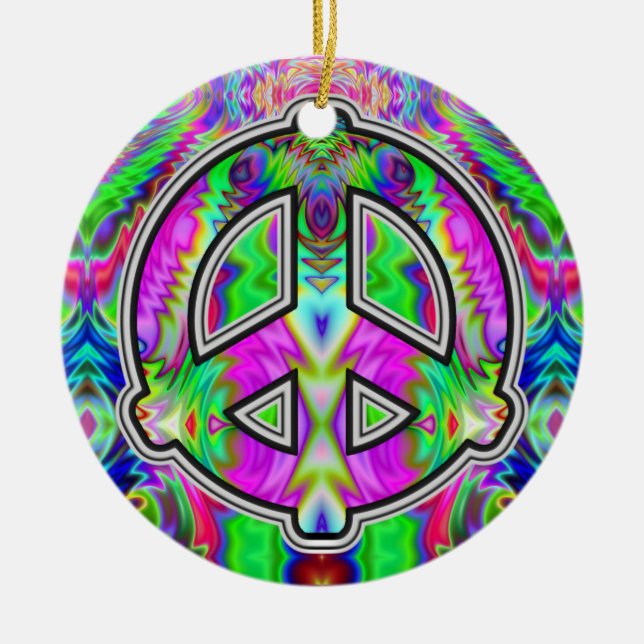 Trippy Peace Sign Ceramic Ornament (Front)