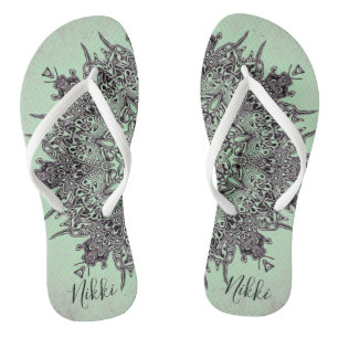 Trippy Personalized Mandala on Mint Green Flip Flops