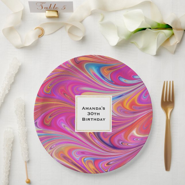 Trippy Pink and Orange Swirly Design Birthday Paper Plates (Wedding)