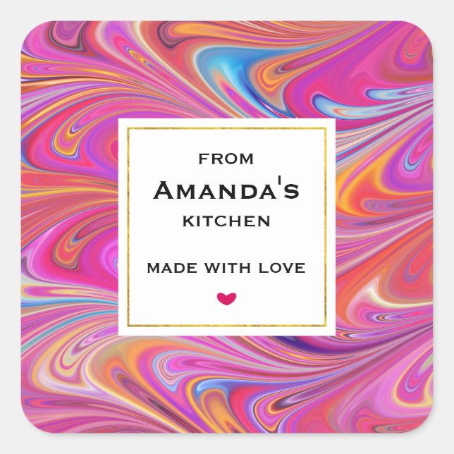 Trippy Pink and Orange Swirly Design Kitchen Square Sticker (Front)
