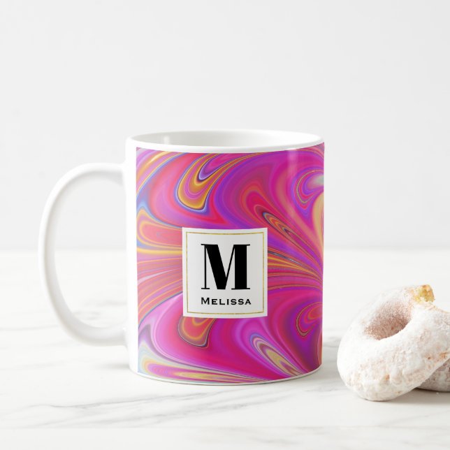 Trippy Pink and Orange Swirly Design Monogram Coffee Mug (With Donut)