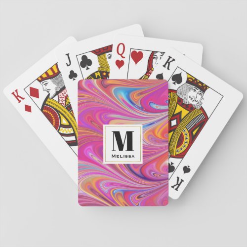 Trippy Pink and Orange Swirly Design Monogram Playing Cards