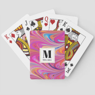 Trippy Pink and Orange Swirly Design Monogram Poker Cards