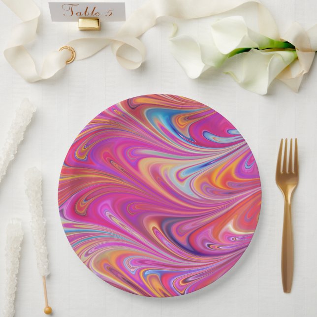 Trippy Pink and Orange Swirly Design Paper Plates (Wedding)