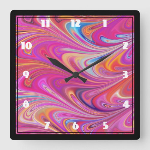 Trippy Pink and Orange Swirly Design Square Wall Clock