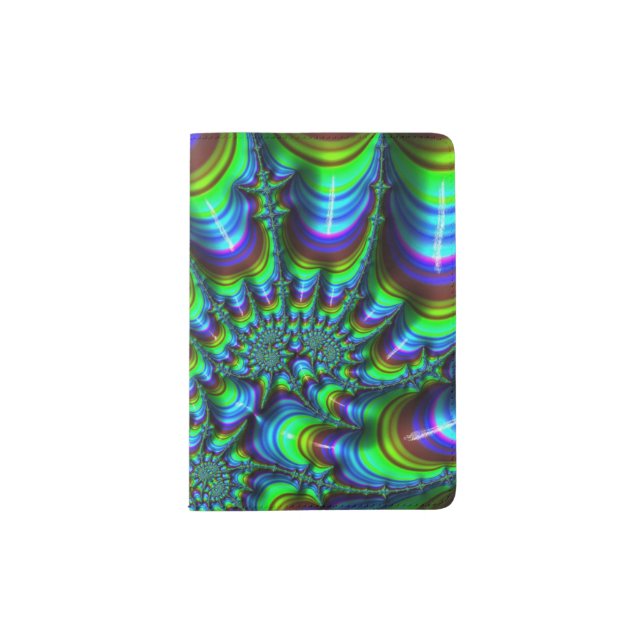 Trippy Psychedelic 3D Fractal Purple Blue Green Passport Holder (Front)