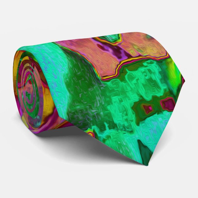 Trippy Psychedelic Emerald Green Flowers Neck Tie (Rolled)