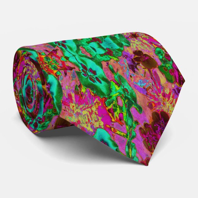 Trippy Psychedelic Emerald Green Flowers Neck Tie (Rolled)
