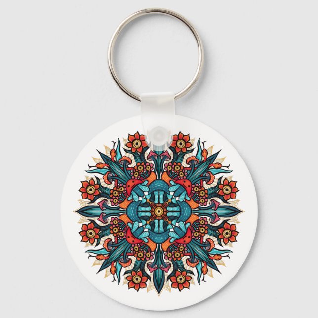 Trippy Psychedelic Groovy Mushroom Mandala Eyes Keychain (Front)