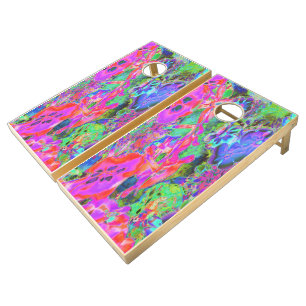 Trippy Psychedelic Hot Pink and Purple Flowers Cor Cornhole Set