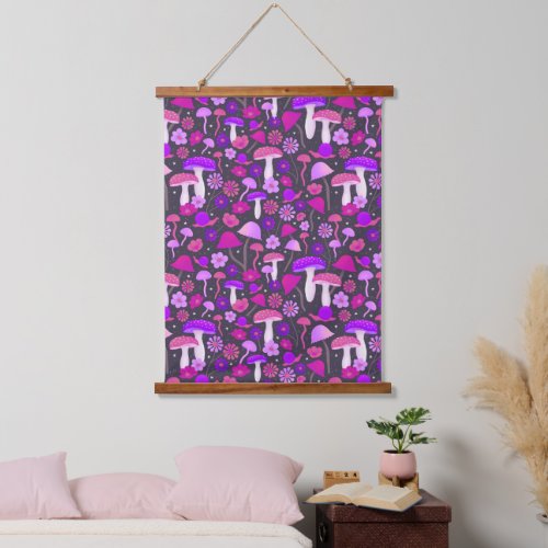 Trippy Psychedelic Mushrooms Pink Purple  Black Hanging Tapestry