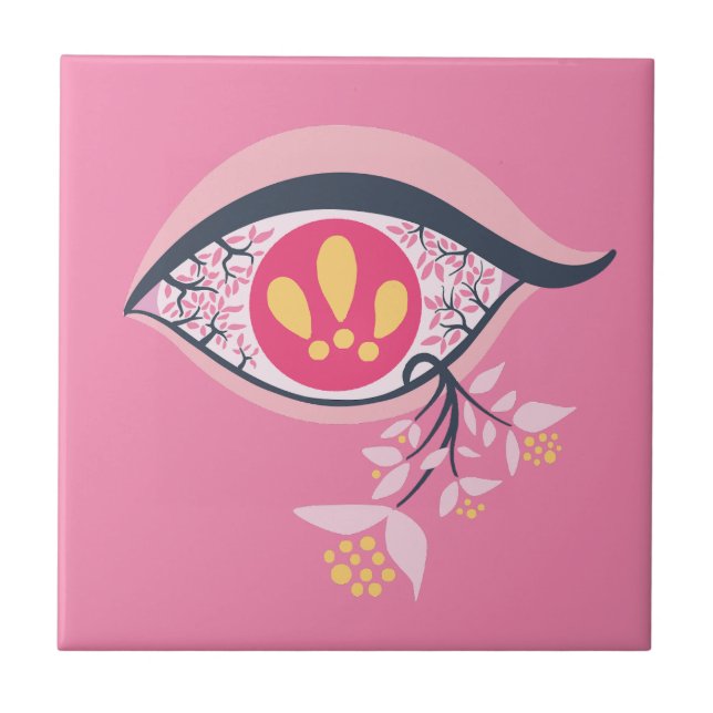 Trippy Psychedelic Pink Eye Floral Pastel Goth Ceramic Tile (Front)