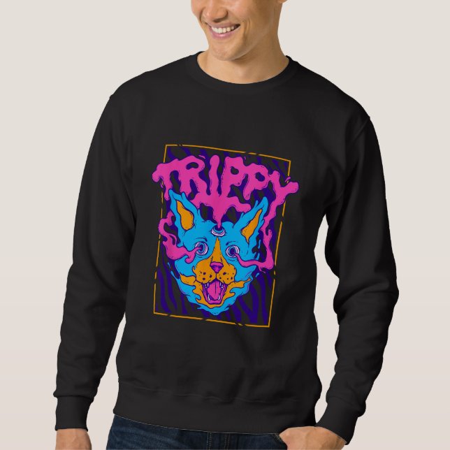 Trippy Psychedelic Weird Cat Hippie Rave Weirdcore Sweatshirt (Front)