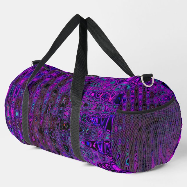 Trippy Purple and Black Retro Atomic Waves Duffle Bag (Right Corner)