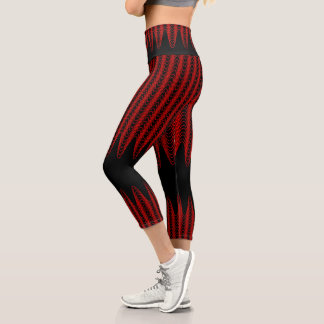 Trippy Red and Black Wavy Stripes Abstract Cool Capri Leggings