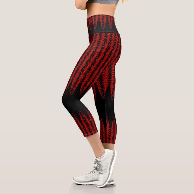 Trippy Red and Black Wavy Stripes Abstract Cool Capri Leggings (Left)