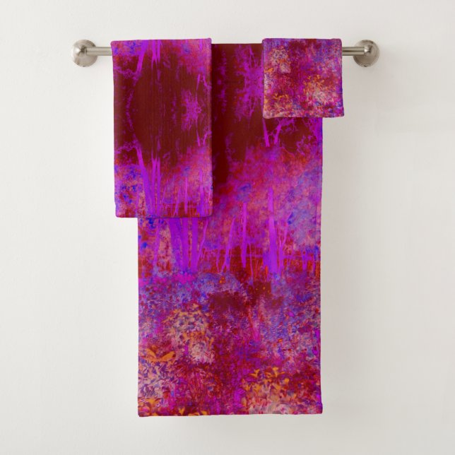 Trippy Red and Magenta Impressionistic Landscape Bath Towel Set (Insitu)