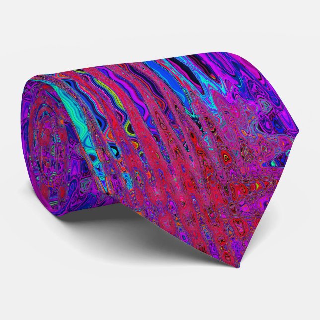 Trippy Red and Purple Abstract Retro Atomic Waves Neck Tie (Rolled)