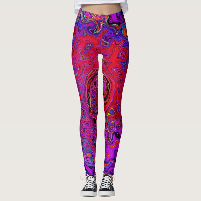 Trippy Red and Purple Abstract Retro Liquid Swirl Leggings (Front)