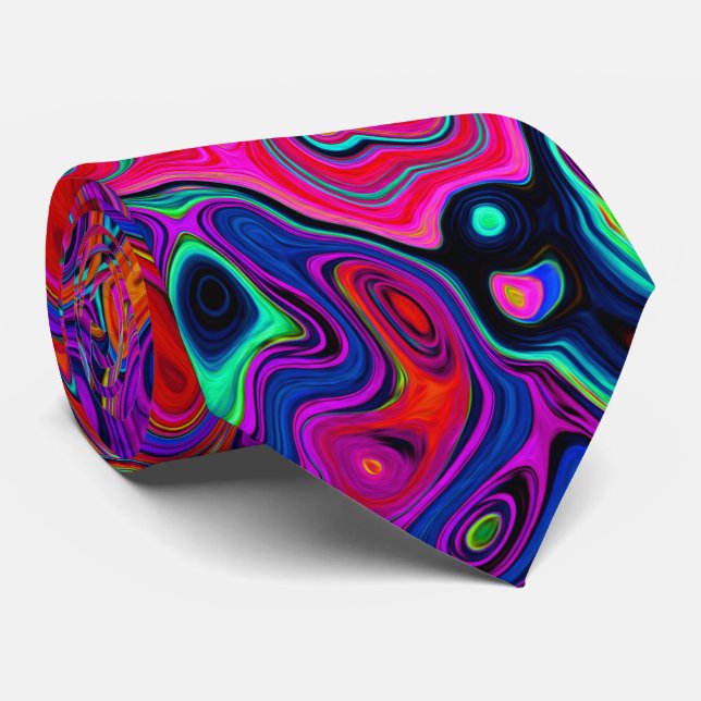 Trippy Red and Purple Abstract Retro Liquid Swirl Neck Tie (Rolled)
