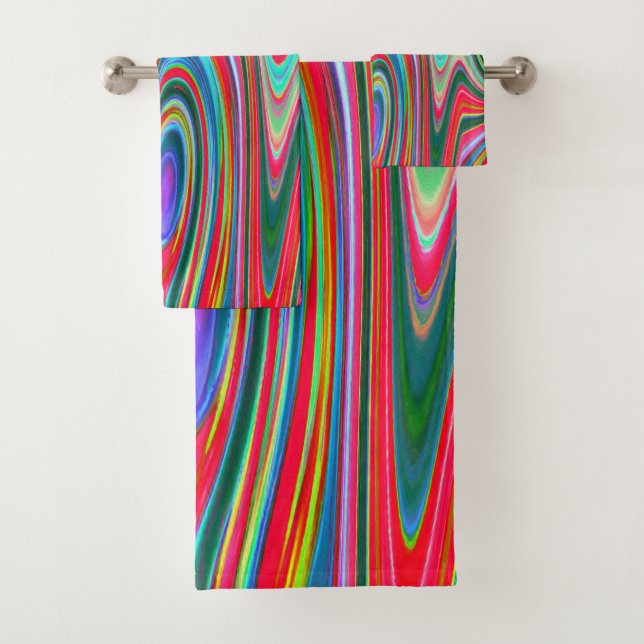 Trippy Red, Green and Blue Abstract Groovy Art Bath Towel Set (Insitu)