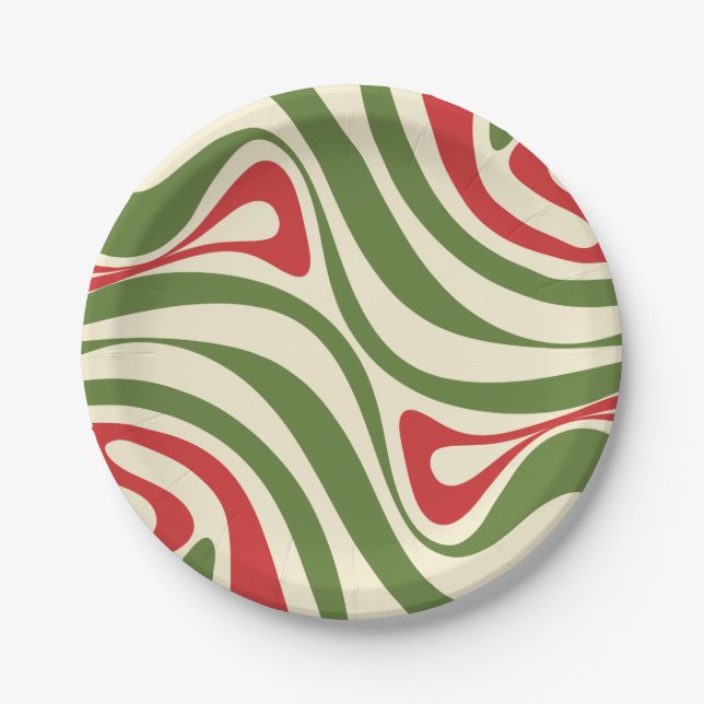 Trippy Retro Abstract Swirl Christmas Pattern Paper Plates (Front)
