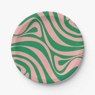 Trippy Retro Abstract Swirl Pink and Green Pattern Paper Plates