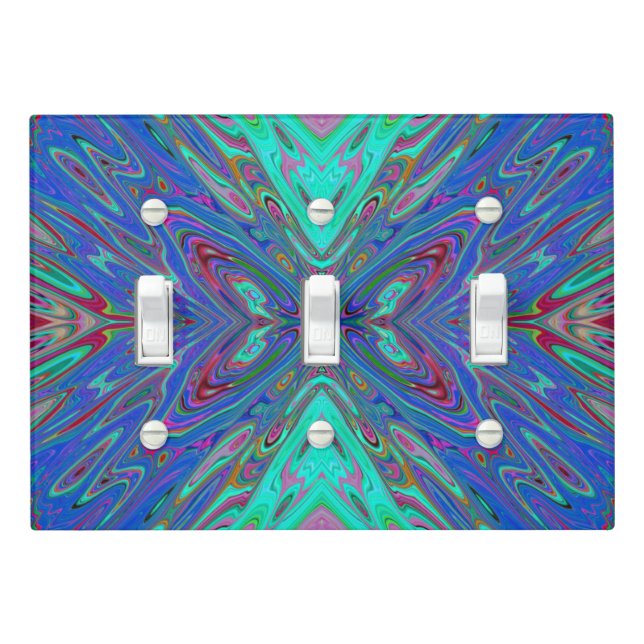 Trippy Retro Blue and Red Abstract Butterfly Light Switch Cover (In Situ)
