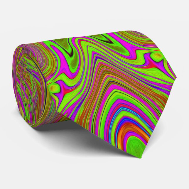 Trippy Retro Chartreuse Magenta Abstract Pattern Neck Tie (Rolled)